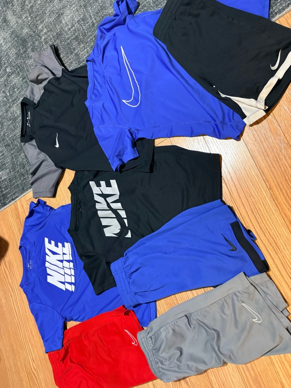 Lot of Nike Boys Athletic Tops and Shorts Set in Blue and Black and gray